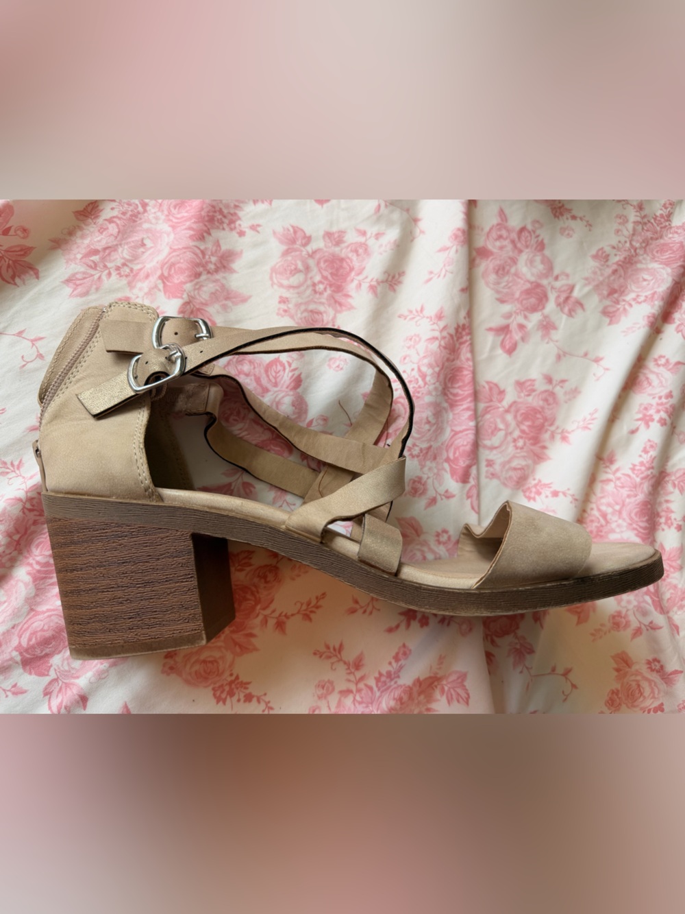 SO Neutral Tan Block Heel Strappy Sandals with Buckle